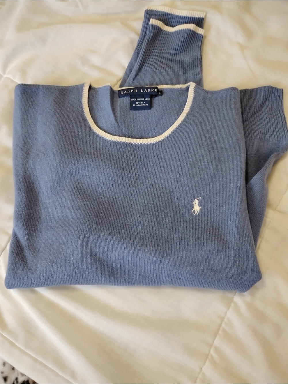 Ralph Lauren Black Label Powder Blue Crewneck Sweater with White Trim